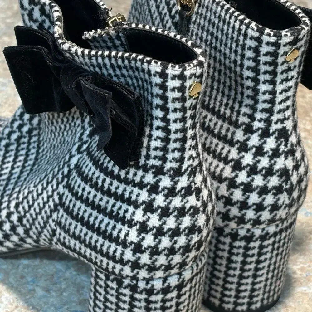 Kate Spade New York Holly Bow Houndstooth Black & White Ankle Boots Size 9.5
